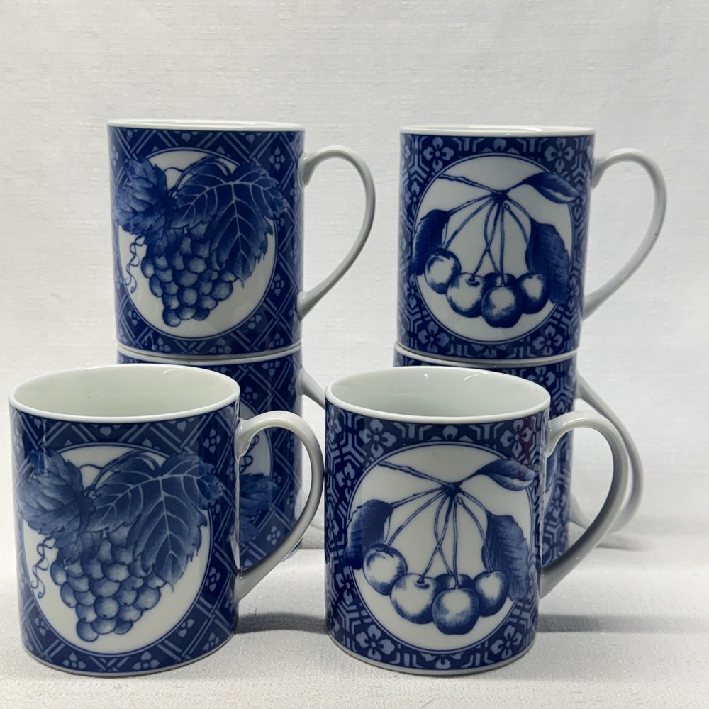 Pier 1 Coffee‎ Mugs Set of 6 Blue White Grape Cherry Chinoiserie Grandmillennial